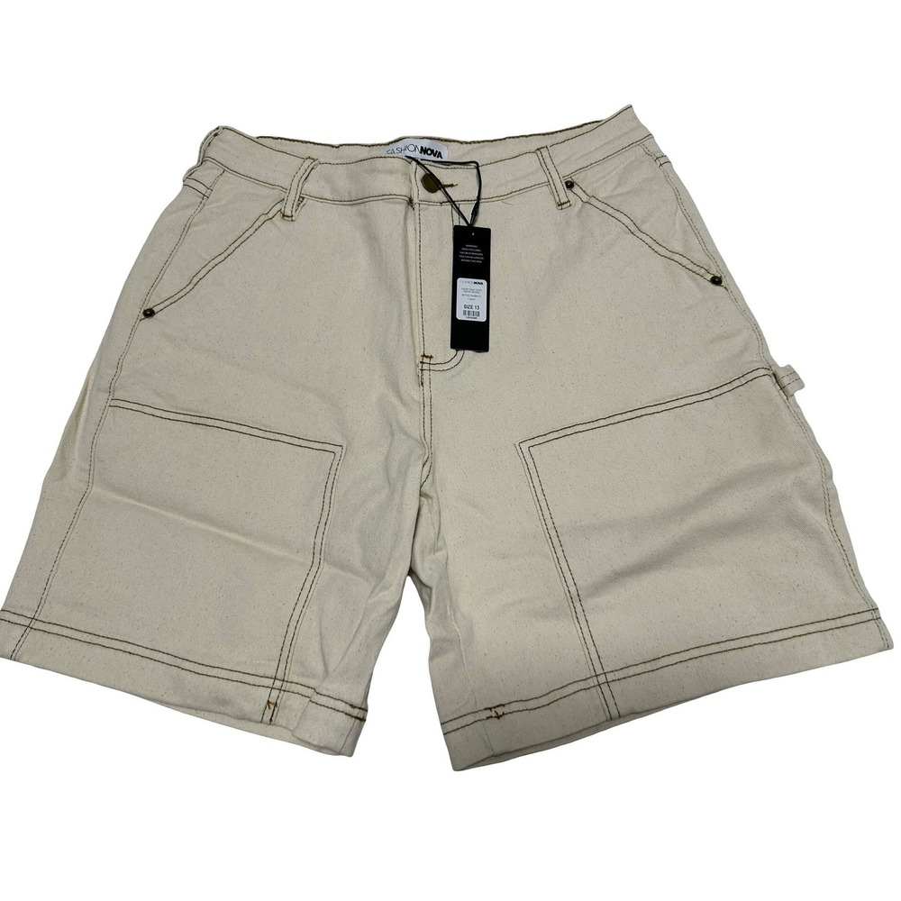 Bottoms Cream Carpenter Utility Shorts Contrast Stitch Size 13 NWT Fashion Nova - Picture 3 of 7